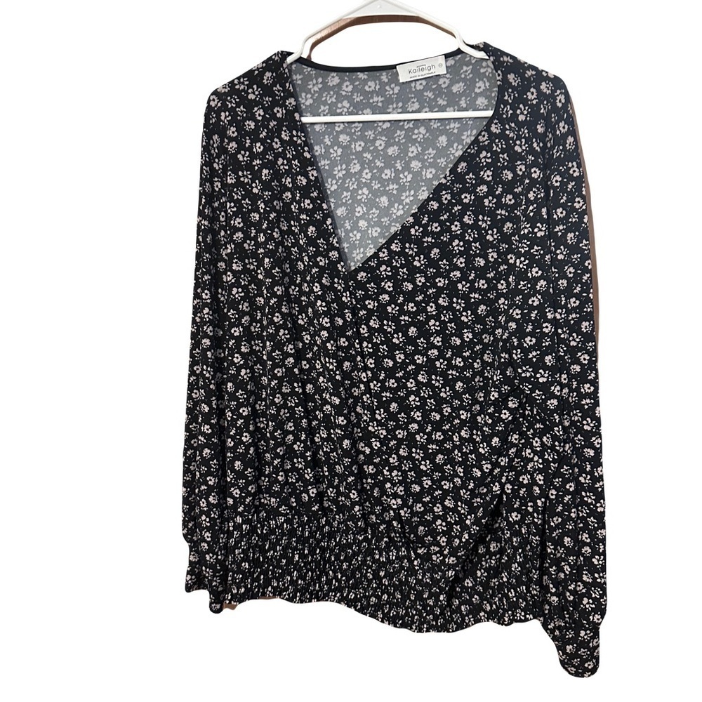 Kaileigh Floral Wrap Top | Women’s Black Long Sleeve Blouse Size 1x​​
